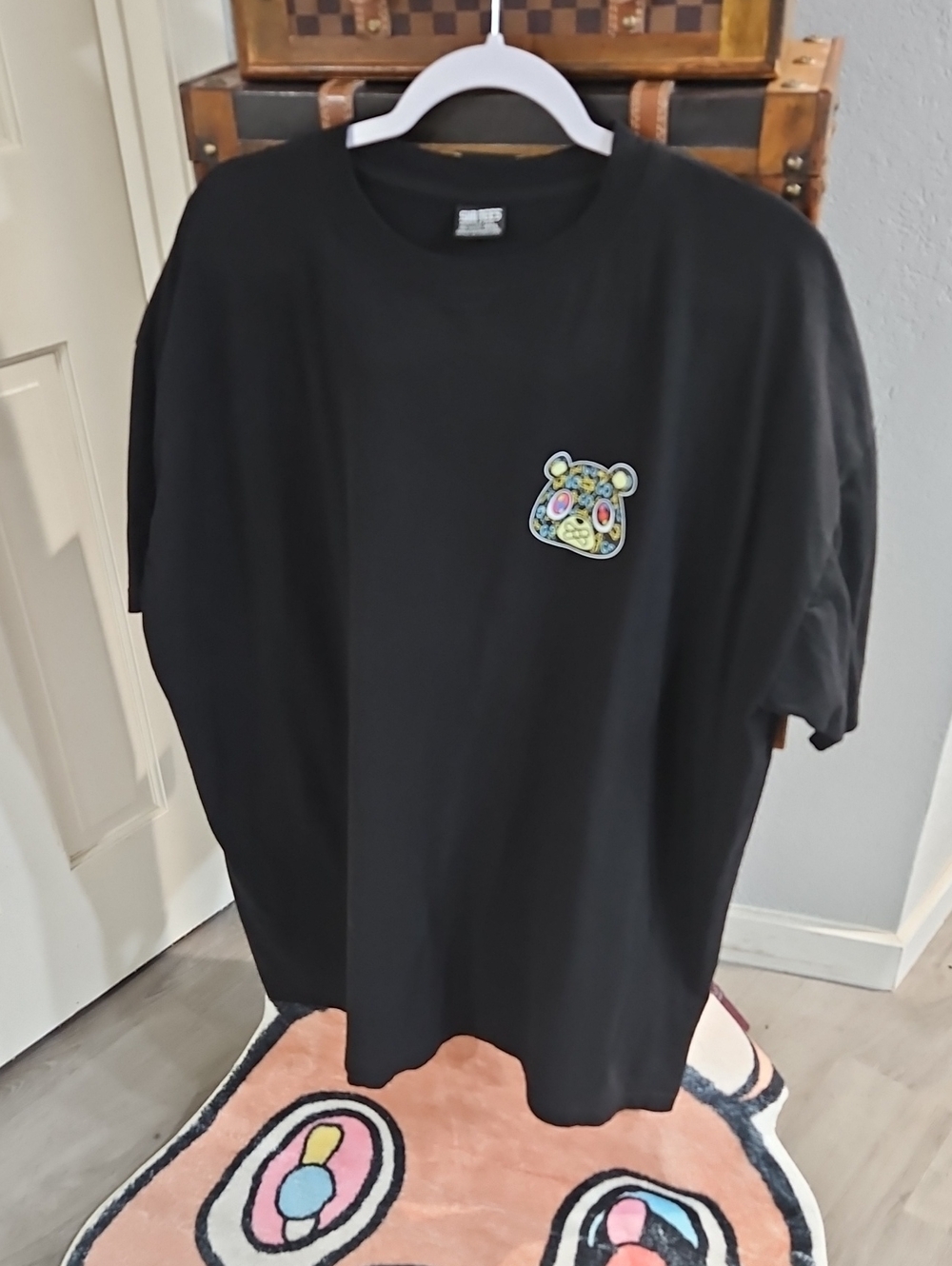 Unisex Black Short-Sleeve Tee with Colorful Monogram Bear Patch
